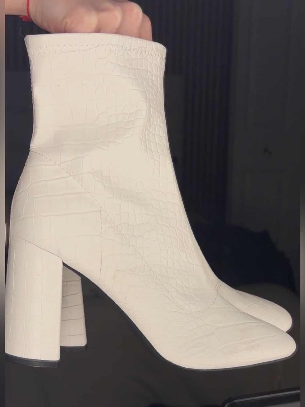 PrettyLittleThing White Croc-Embossed Block Heel Ankle Boots
